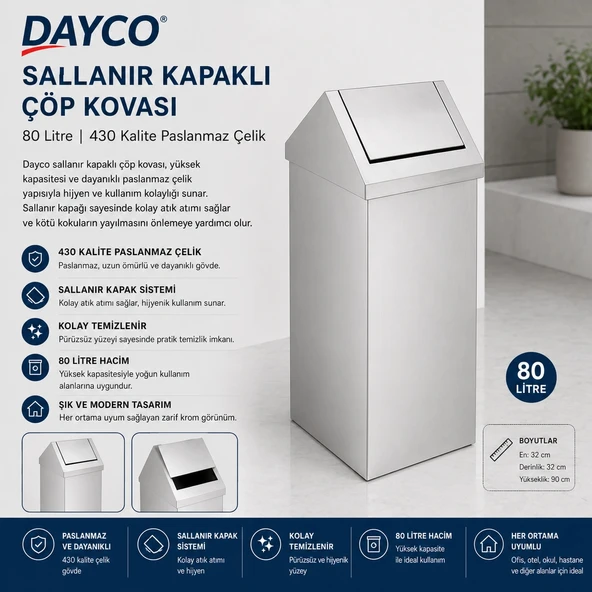 Dayco 430 Kalite Sallanır Kapaklı Çöp Kovası 80 L 32x32x90 cm ürün görseli 1