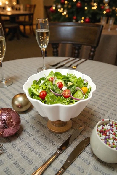 Sezka Life Papatya Kase Ahşap Ayaklı Akasya Salata Kasesi,Seramik Sunum Servis Kasesi 19 cm ürün görseli 1