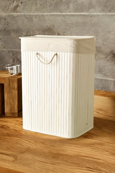 Akkoyunlu home Bambu Katlanır Dikdörtgen Kirli Çamaşır Sepeti Beyaz 30x40x60 ürün görseli 1