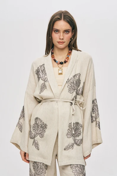 Kadın Flora Natur Nakış İşlemeli Beli Bağlamalı Oversize Kimono ürün görseli 1