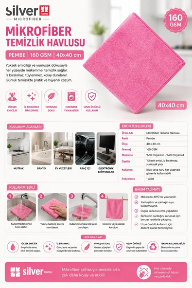 Silver Home Mikrofiber Havlu Temizlik Bezi Pembe 160 Gsm 40x40 cm ürün görseli 1