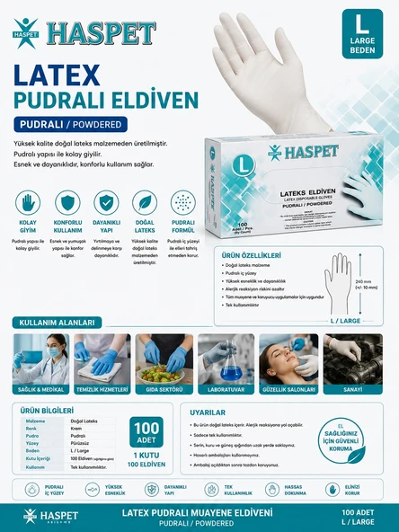 Has-Pet Latex Pudralı Eldiven L Beden ürün görseli 1