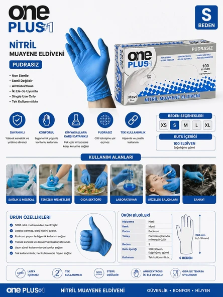 One Plus Nitril Mavi Eldiven Pudrasız S Beden ürün görseli 1