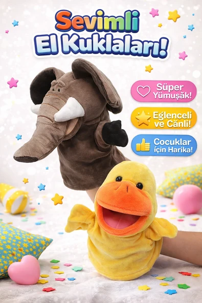 2’li Fil ve Ördek Peluş El Kuklası Seti Ağzı Hareket Eden Eğitici Kuklalar ürün görseli 1
