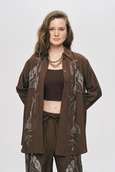 Kadın Oriental Kuş Ve Çiçek Boncuk İşlemeli Oversize Gömlek ürün görseli 1