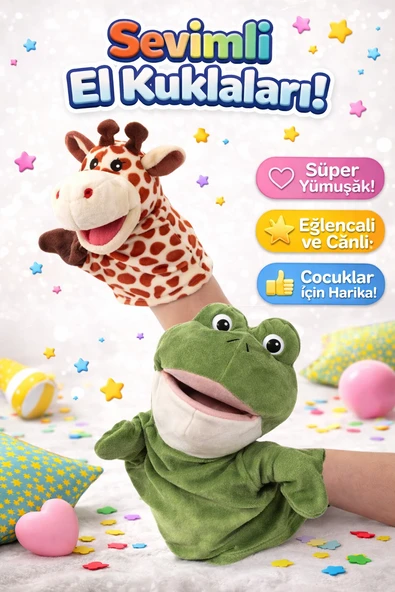 2’li Zürafa ve Kurbağa Peluş El Kuklası Seti  Ağzı Hareket Eden Eğitici Kuklalar ürün görseli 1