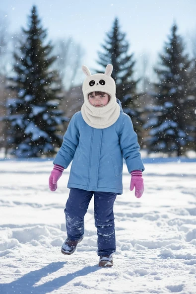 Kız Çocuk Kulaklı Bere Boyunluk Takım – Sevimli Tavşan Desenli Polar Kışlık Şapka & Atkı, 3-9 Yaş Beyaz ürün görseli 1