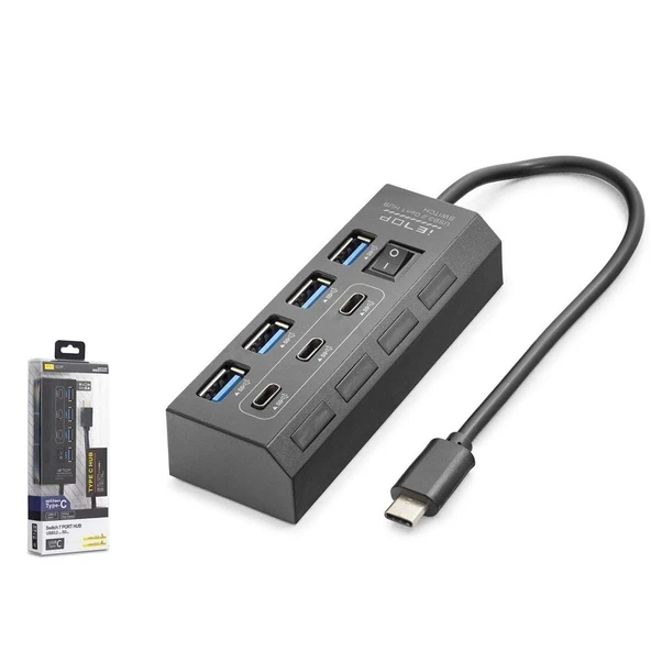Hadron HDX7057 İetop Type-C Hub 5Gbps 3x Type-C 3.2 + 4x Usb-A 3.2 7 Port Anahtarlı Çoklayıcı Siyah ürün görseli 1