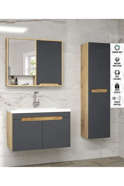 Alfa Banyo Santi (80+35) 115 cm Komple Mdf, Lavabolu Boy Dolaplı Banyo Dolabı Seti-Hazır Kurulu ürün görseli 1