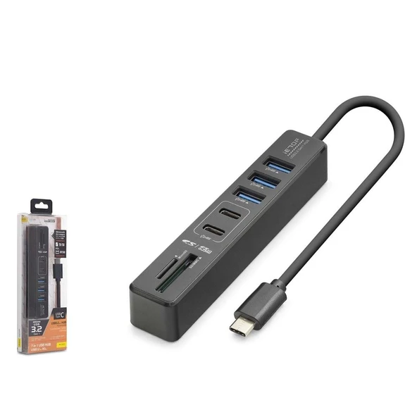 Hadron HDX7061 İetop Type-C Hub 5Gbps 2x Usb-C 3.2+3x Usb-A 3.2+SD+microSD 7 Port Kart Okuyucu Siyah ürün görseli 1