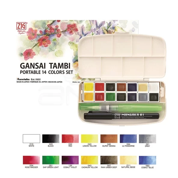 Zig Gansai Tambi Portable Set 14lü + Su Hazneli Fırça + 0.1mm Mangaka ürün görseli 1