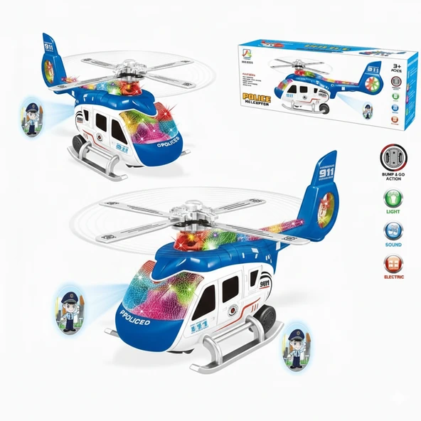 Işıklı ve Müzikli Polis Helikopteri 32 Cm Çarp Dön Projeksiyonlu Oyuncak Helikopter ürün görseli 1