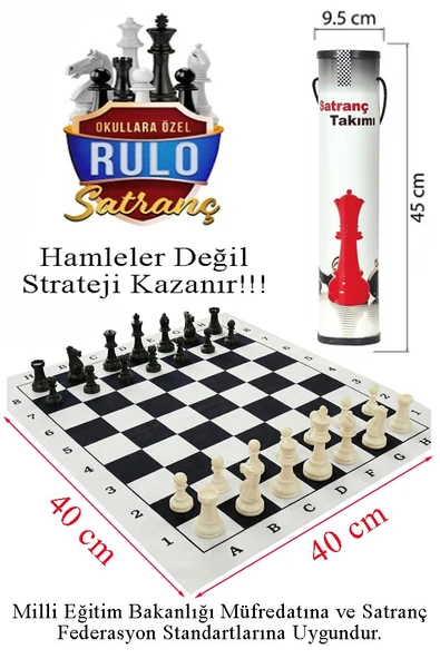 Okul Satranç Takımı Rulo 1 Paket Turnuva Satrancı Rulo Çantalı Satranç Seti 40x40xcm Plastik Taşlı Kapaklı Taşıma İpli ürün görseli 1