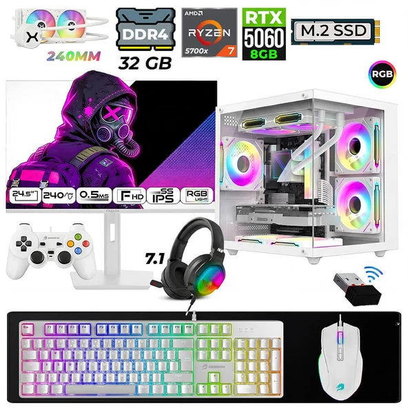 Xaser Moon Cube X10 Ryzen 7 5700X 32GB Ram 1TB M.2 NVMe SSD 8GB RTX5060 Sıvı Soğutmalı 24,5" 240Hz Oyuncu Tavsiye Sistem ürün görseli 1