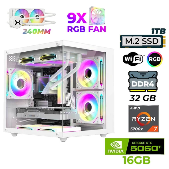 Xaser Sova Cube X60 Ryzen 7 5700x 32GB Ram 1TB M.2 NVMe SSD 16GB RTX5060Ti Sıvı Soğutmalı TOyuncu Tavsiye Sistem ürün görseli 1