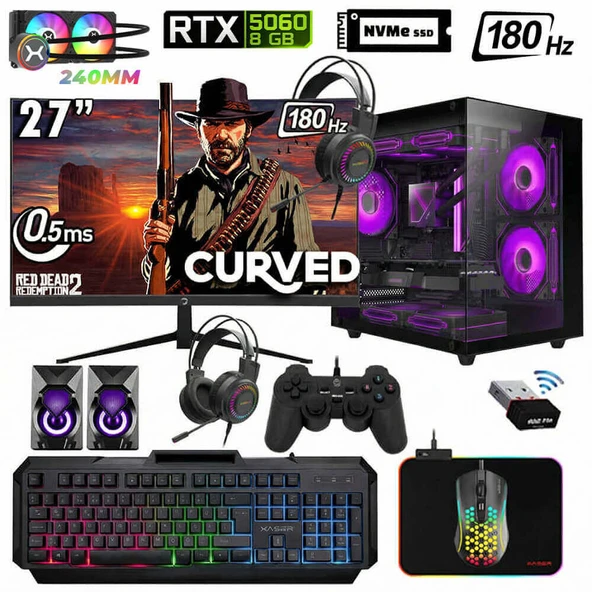 Xaser Sword Cube X52 Ryzen 7 5700X 32GB Ram 1TB M.2 NVMe SSD 8GB RTX5060 Sıvı Soğutmalı 27" 200Hz Oyuncu Tavsiye Sistem ürün görseli 1