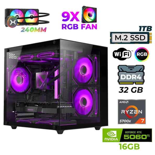 Xaser Sova Cube X40 Ryzen 7 5700x 32GB Ram 1TB M.2 NVMe SSD 16GB RTX5060Ti Sıvı Soğutmalı Oyuncu Tavsiye Sistem ürün görseli 1