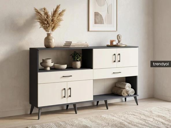 Dienni Arges Konsol 3 Raflı 2 Çekmeceli 4 Kapaklı 176x30x99 Antrasit-Aytaşı ürün görseli 1