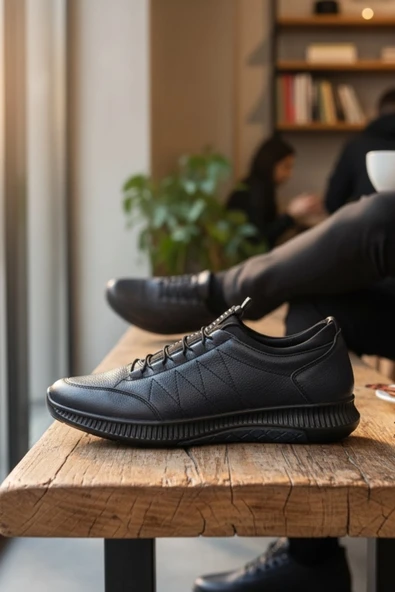 Enoch Hakiki Deri Lacivert Zikzak Dikişli Erkek Sneaker Ayakkabı Ortopedik Taban ürün görseli 1