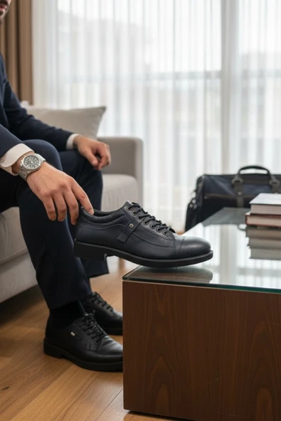 Enoch Hakiki Deri Lacivert Detaylı Erkek Sneaker Ayakkabı Ortopedik Taban ürün görseli 1
