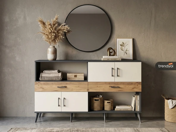 Dienni Arges Konsol 3 Raflı 2 Çekmeceli 4 Kapaklı 176x30x99 Antrasit-Aytaşı/Çam ürün görseli 1