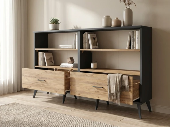 Dienni Arges Konsol 6 Raflı 2 Çekmeceli 176x30x99 Antrasit-Çam ürün görseli 1