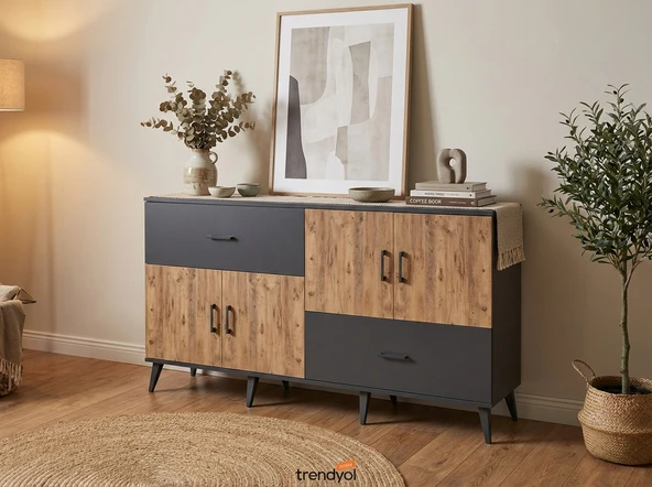 Dienni Arges Konsol 3 Raflı 2 Çekmeceli 4 Kapaklı 176x30x99 Antrasit-Çam/Antrasit ürün görseli 1