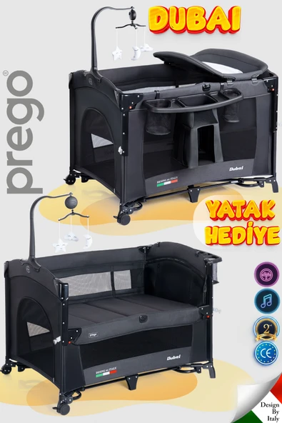 Prego Dubai 10in1 Anne Yanı Park Yatak Oyun Parkı Sallanır Beşik Yana Açılır Kolay Katlanır +Yatak Hediye ürün görseli 1