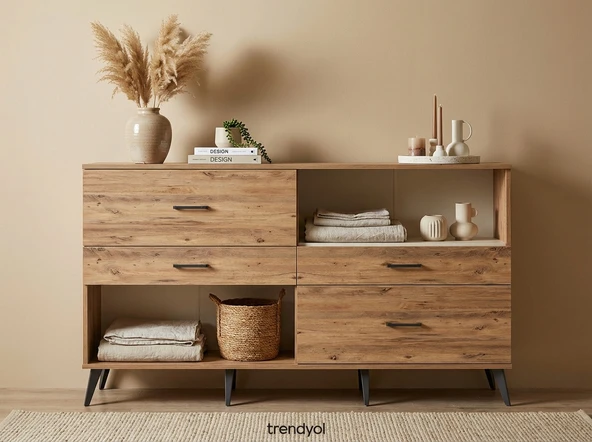 Dienni Arges Konsol Tek Raflı 4 Çekmeceli 176x30x99 Çam-Aytaşı/Çam ürün görseli 1