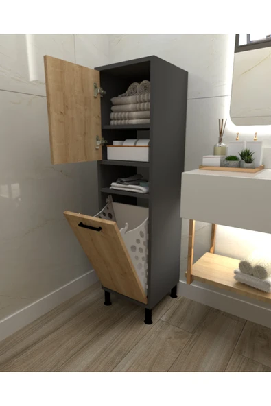 Mobigalinda Çamaşır Sepetli Çok Amaçlı Banyo Dolabı Safirmeşe-antrasit ürün görseli 1
