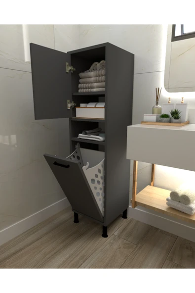 Mobiga Linda Kirli Sepetli Çok Amaçlı Banyo Dolabı Antrasit ürün görseli 1