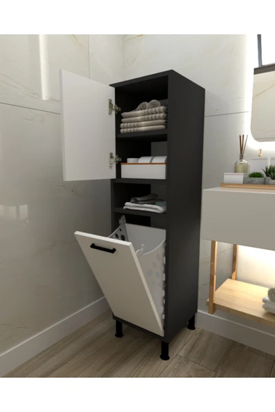 Mobiga Linda Çamaşır Sepetli Çok Amaçlı Banyo Dolabı Antrasit-beyaz ürün görseli 1