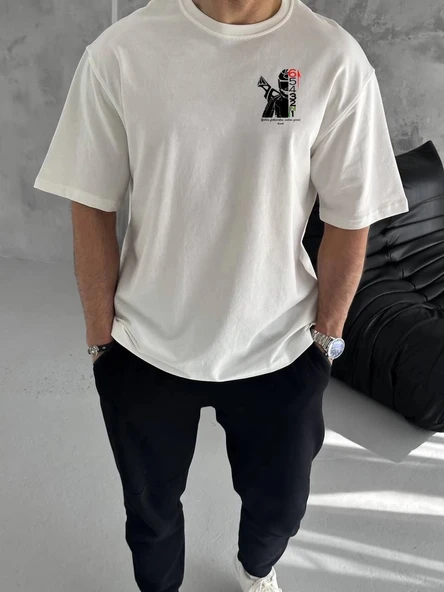 Unisex Bisiklet Yaka Baskılı Oversize T-Shirt - Beyaz P77700S520 ürün görseli 1