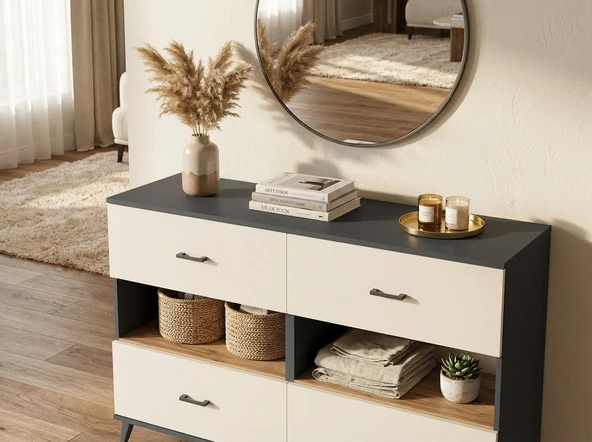 Dienni Arges Konsol 2 Raflı 4 Çekmeceli 176x30x99 Antrasit-Çam/Aytaşı ürün görseli 1