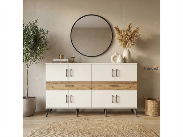 Dienni  Arges Konsol 4 Raflı 2 Çekmeceli 8 Kapaklı 176x30x99 Aytaşı-Aytaşı/Çam ürün görseli 1