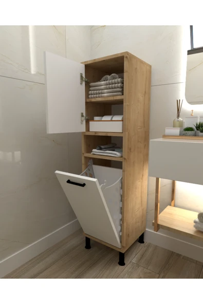 Mobiga Linda Çamaşır Sepetli Çok Amaçlı Banyo Dolabı Safirmeşe-beyaz ürün görseli 1