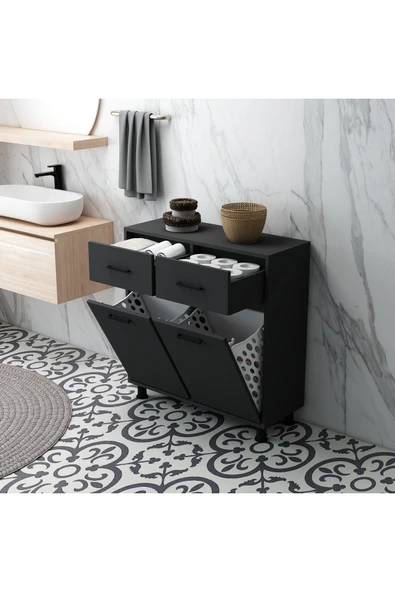 Mobiga Molde Çamaşır Sepetli Çekmeceli Banyo Dolabı Antrasit ürün görseli 1