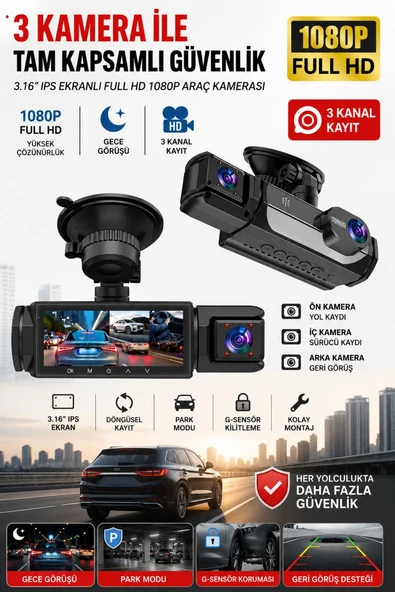 Mpia CC-41 1080P Full Hd Araç Içi Kamera Ön Arka ve Iç Kayıt 3 Kamera Gece Görüşlü G Sensör Geniş Açı ürün görseli 1