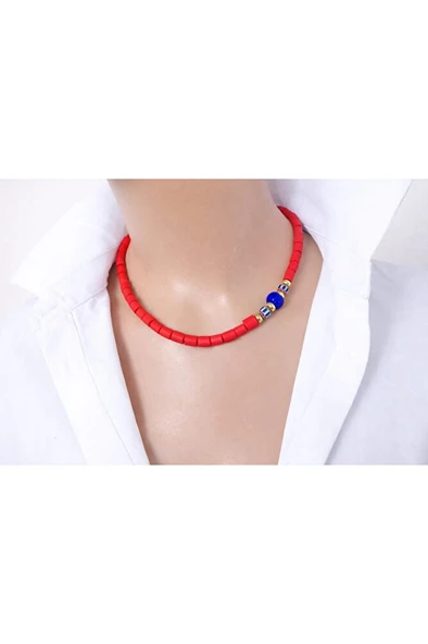 Luna Mat Kırmızı Cam Boncuk Süryani Taşlı İkili Kolye Seti Choker Uzun Kolye Kutulu ürün görseli 1