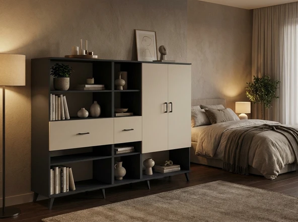 Dienni Arges Dolap 10 Raflı 2 Çekmeceli 2 Kapaklı 220x30x163 Antrasit-Aytaşı ürün görseli 1
