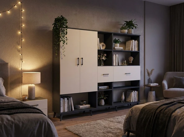 Dienni Arges Dolap 10 Raflı 2 Çekmeceli 2 Kapaklı 220x30x163 Antrasit-Aytaşı ürün görseli 1
