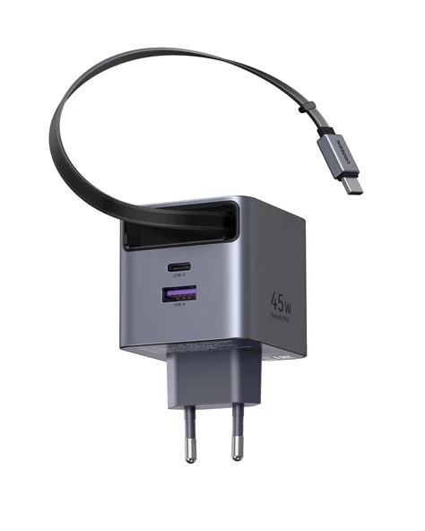 UGREEN 45W Makaralı Dahili Kablolu GaN Hızlı Şarj Cihazı, 2xUSB-C, 1xUSB-A, Gri, 65822 ürün görseli 1