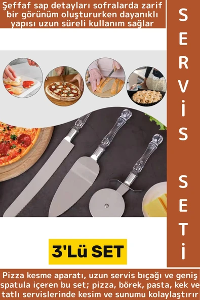 Premium Mutfak Pizza Börek Tatlı Düğün Pastası Kesme Sunum Şık Şeffaf Sap Detayı 3 Parça Servis Seti ürün görseli 1