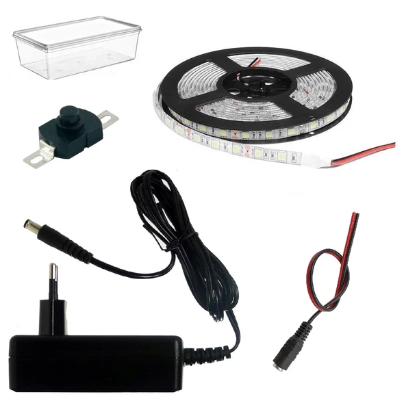 DC 12V Şerit Led 5 Metre Tek Çipli Beyaz Işık Lamba Anahtar Adaptörlü Aydınlatma Devresi Öğrenci Hobi Deney Seti ürün görseli 1