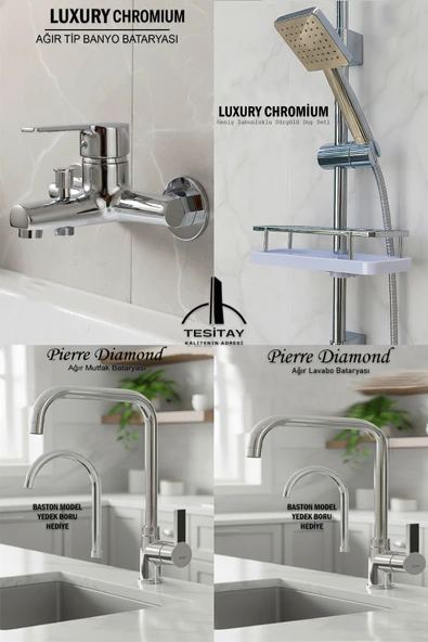 4 Lü Lüks Batarya Duş Takımı Geniş Şampuanlıklı Sürgülü Duş Banyo Lavabo Mutfak Muslukları Krom Renk ürün görseli 1