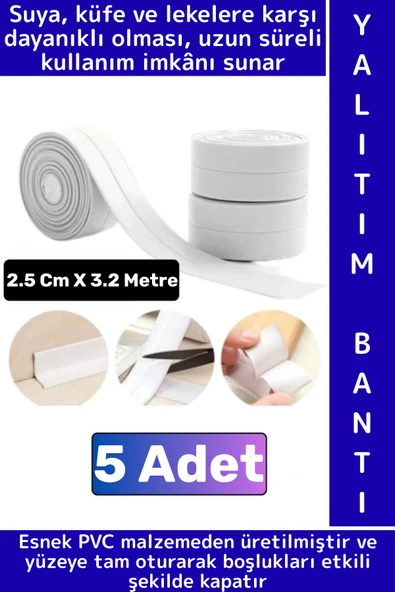 Uzun Ömürlü Su Nem Küf Dayanıklı Mutfak Lavabo Pencere Kenar Yalıtım Bandı 2.5 Cm X 3.2 Metre 5 Adet ürün görseli 1