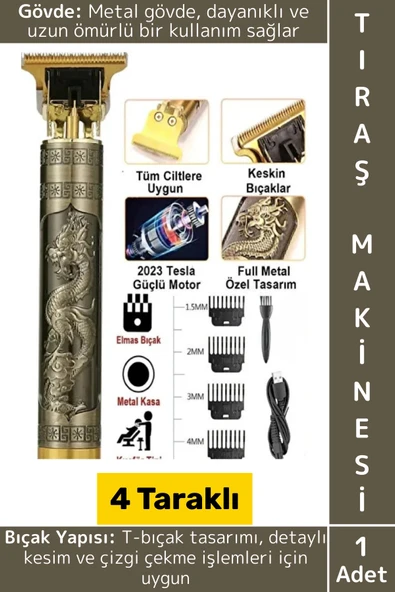 Premium T Bıçak 4 Taraklı Sakal Ense Çizik Şekillendirme Şık Tasarım Kablosuz Şarjlı Tıraş Makinesi ürün görseli 1
