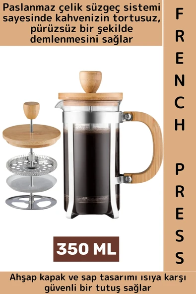 Premium Isıya Dayanıklı Kahve Demleme Bitki Çayı Ahşap Kapak Sap Detaylı Cam French Press 350 ML ürün görseli 1