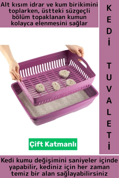 Evcil Hayvan Ergonomik Taşıma Kulplu Hijyenik Çift Katman Süzgeçli Açık Yavru Yetişkin Kedi Tuvaleti ürün görseli 1
