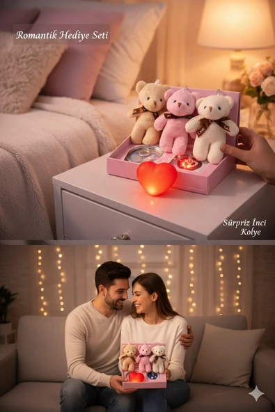Sevgililer Gününe Romantik 3 Lü Hediye Seti İstiridye İnci Kolye 3 Adet Mini Peluş Ayı & Işıklı Kalp ürün görseli 1